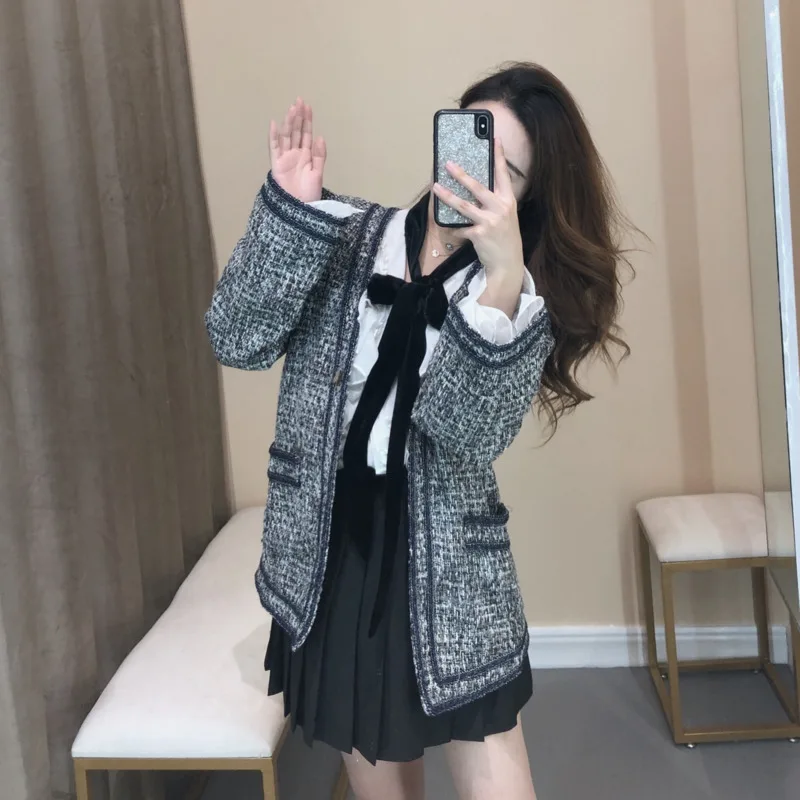 Серая льняная стеганая синяя тканая куртка на одной пуговице свободное Женское