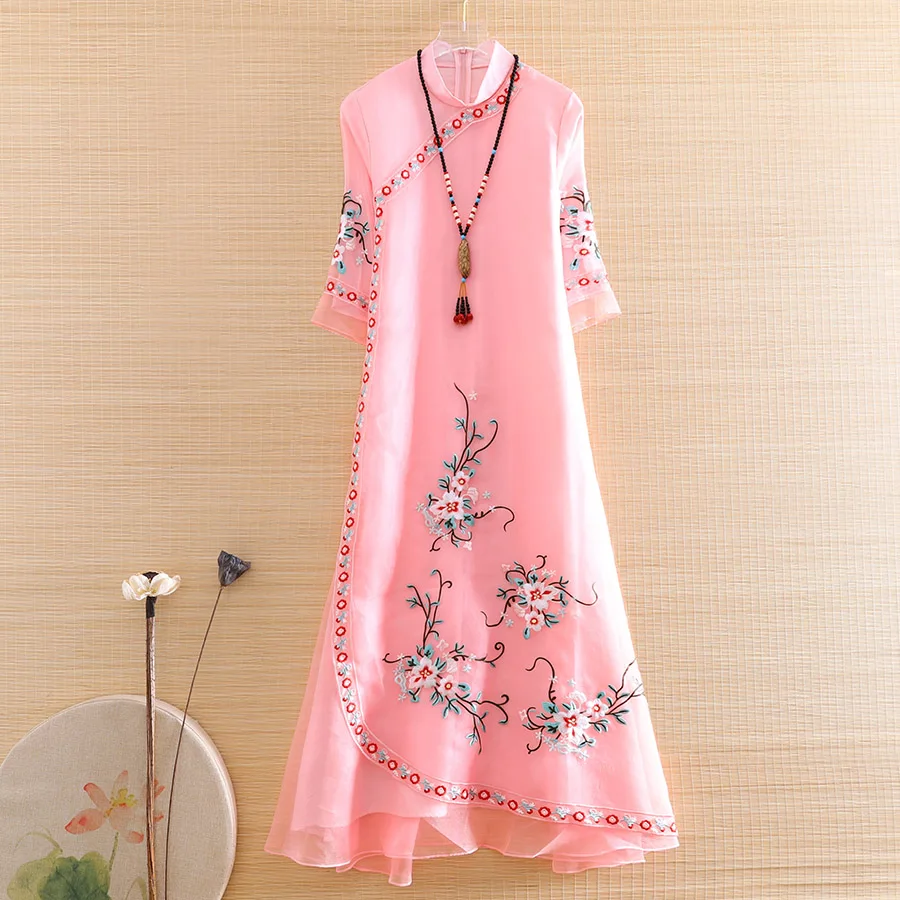

Hi-end Summer Women Organza Cheongsam Embroidery Slim Elegant Lady Chinese Style A-line Party Qiapo Dress S-XXL