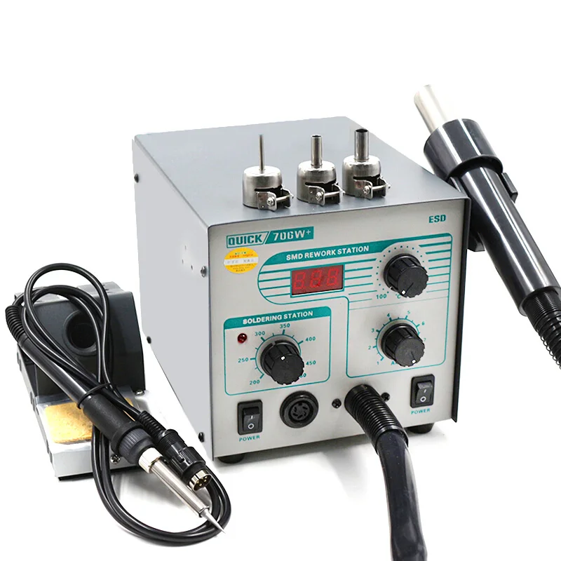 100% Quick 706W+ 2 in 1 Soldering Station Hot Air Gun Lead Free Rework Station for SMD IC Chip BGA SOIC Welding Repair Tool