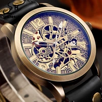 shenhua antique skeleton black clearly visible big number golden dial automatic mechanical sport fashion leather watch for men