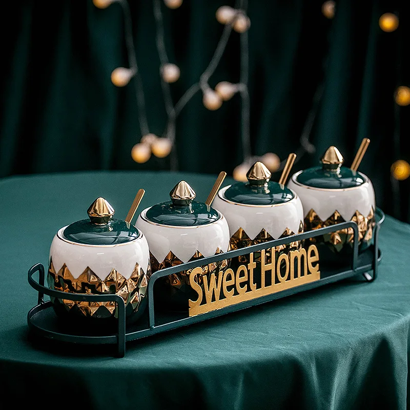 

Nordic Royal Style Cooking Ceramic Seasoning Jars Set With Holder Tray Sugar Salt Can