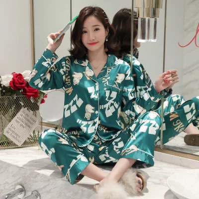 pyjamas women Большой размер 5XL женский атласный Шелковый пижамный комплект с длинным рукавом Цветочный комплект из двух предметов сексуальная пижама Пижамный костюм Женская одежда для сна - Цвет: pyjamas women