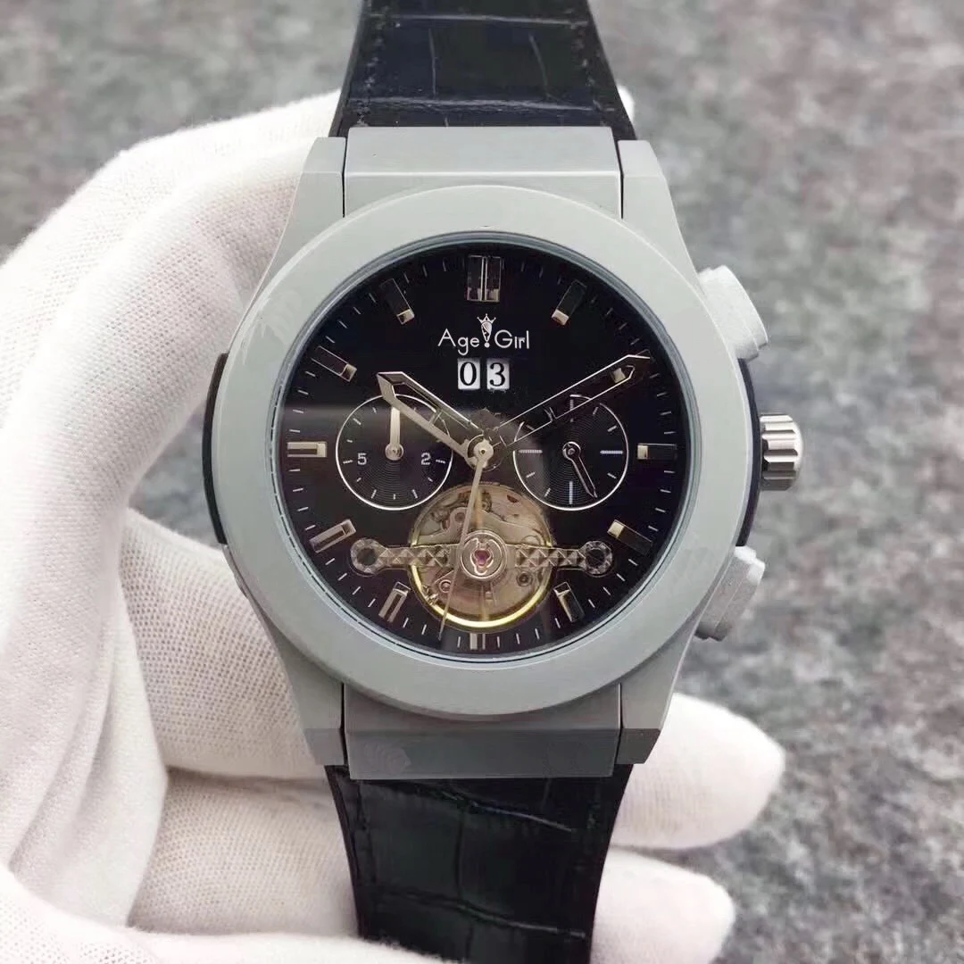 

Luxury Brand New Men Automatic Mechanical Watches Titanium Grey Black Rubber Blue Leather Tourbillion Transparent Gents Watch