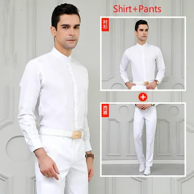 Shirt Pants Мужские белые темно-синие костюмы, комплекты униформы, приталенное платье, Свадебный костюм, мужской вечерний костюм для выступлений, мужские куртки - Цвет: Shirt Pants