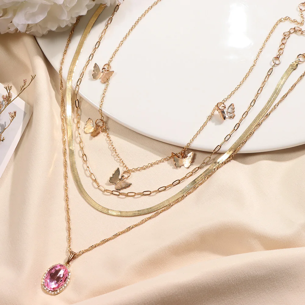 

JUST FEEL Multi Layered Butterfly Metal Snake Chain Necklace For Women Pink Oval Crystal Pendant Necklaces Bohemia Jewelry Party