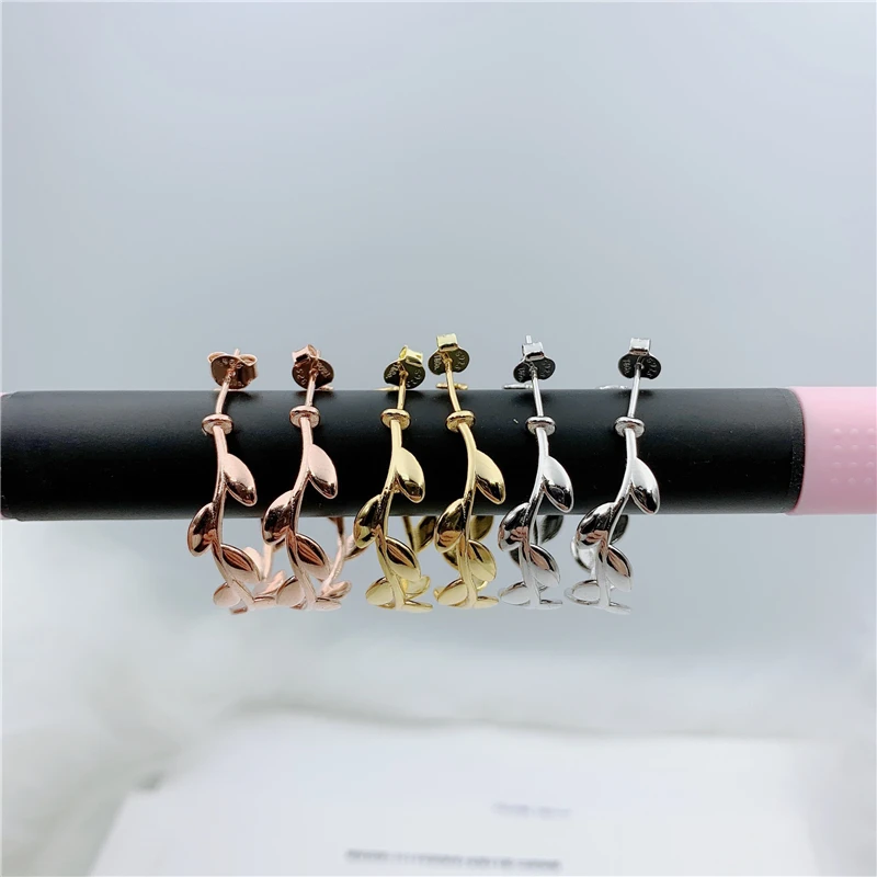 

Female big Earring Jewelry Round Olive branch leaves accessories Tricolor Silverware Stud 925 Sterling silver Valentine's gift