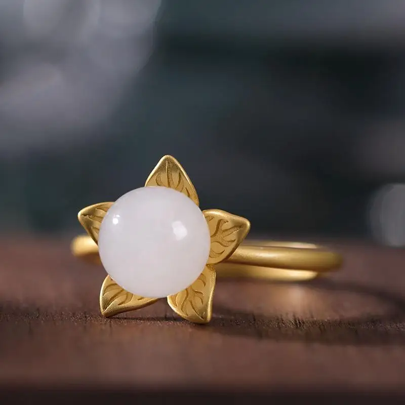 

S925 Sterling Silver Natural Hetian Jade Ball Ring Natural White Jade Beads Open Ring Women's Golden Flower Ring