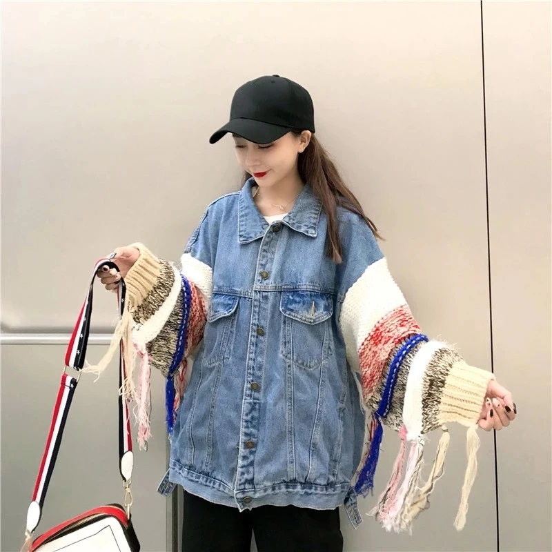 

[EWQ] 2021 Spring Autumn Korean Stitching Color Knitted Sleeve Women Stitching Trendy Ladies Casual Jacket Contrast Tassels Coat