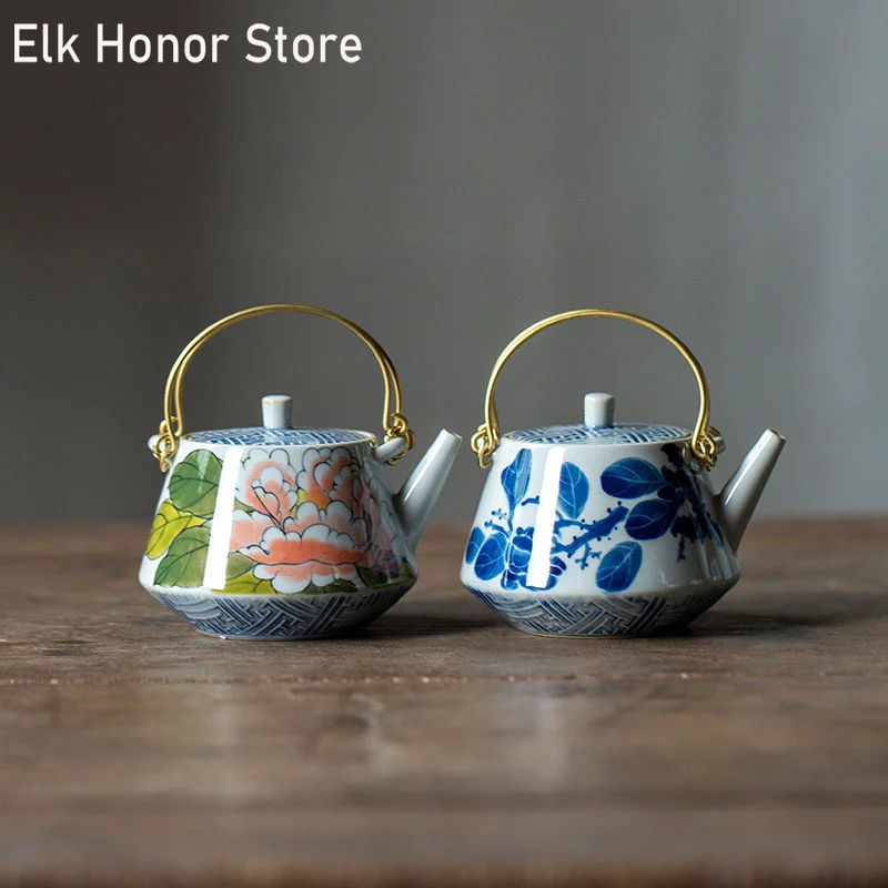 

180ml Retro Japanese Style Ceramic Teapot Hand Painted Peony Flower Art Single Loop-handled Teapot Kung Fu Tea Household Teaware