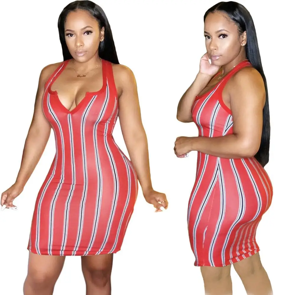 

Summer slim sleeveless dress Striped print dress with open neck and hip wrap 2020 new fashion sexy nightclub dress