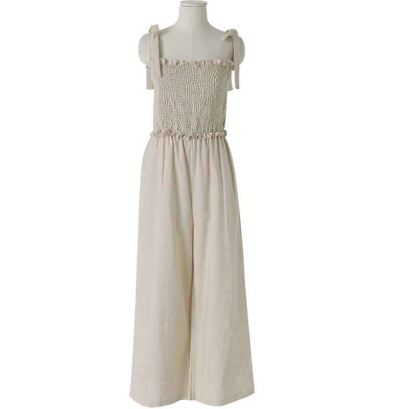 

Korejpaa Women Jumpsuits 2021 Summer Ladies French Temperament Square Collar Wooden Ears Pleated Design Waist Wide-Leg Jumpsuit