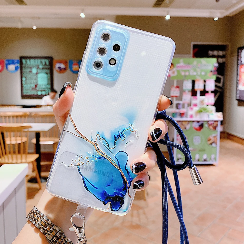 

For Samsung S21 FE S21 Plus A52 A72 A32 A12 Necklace Lanyard Shoulder Strap Cord Phone Case Marble Soft TPU Clear Cover