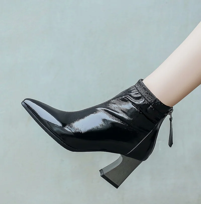 

2019 Genuine leather Winter warm women brand ankle boots 7cm High heels style square toe vintage design gladiator oxfords boots