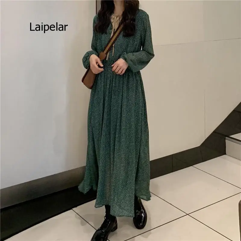

Vintage Lace Up Polka Dot Women Green Dress Spring Elastic Waist Female Long Dress 2021 Summer Vestidos Femme
