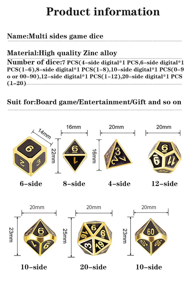 

14mm 7 PCS Mechanical Metal Multi Side Dice Set Home Table Board Game Digital Dice Party Club Entertainment Kids Toys