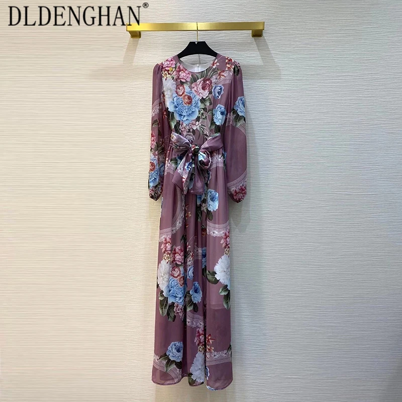 

DLDENGHAN Fashion Flower Print Maxi Dress Women O-Neck Puff Sleeve Sashes Elegant Party Ankle-Length Dresses Designer Spring New