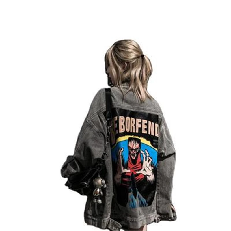 

2020 New Autumn Female Denim jacket Get old Trend Hip hop Demon Letter Turndown collar Loose Long sleeve High Quality Tops Vogue