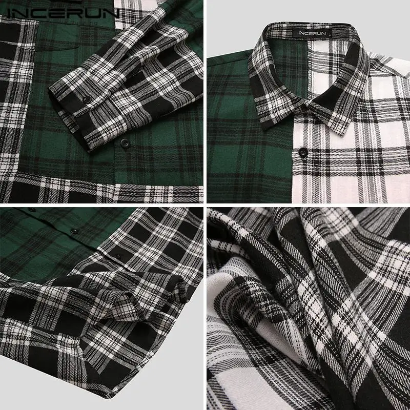 

INCERUN Men Leisure Plaid Shirts Vintage Long Sleeve Patchwork Blouse Man Loose Button Camisa Casual Multi Pockets Shirts S-5XL