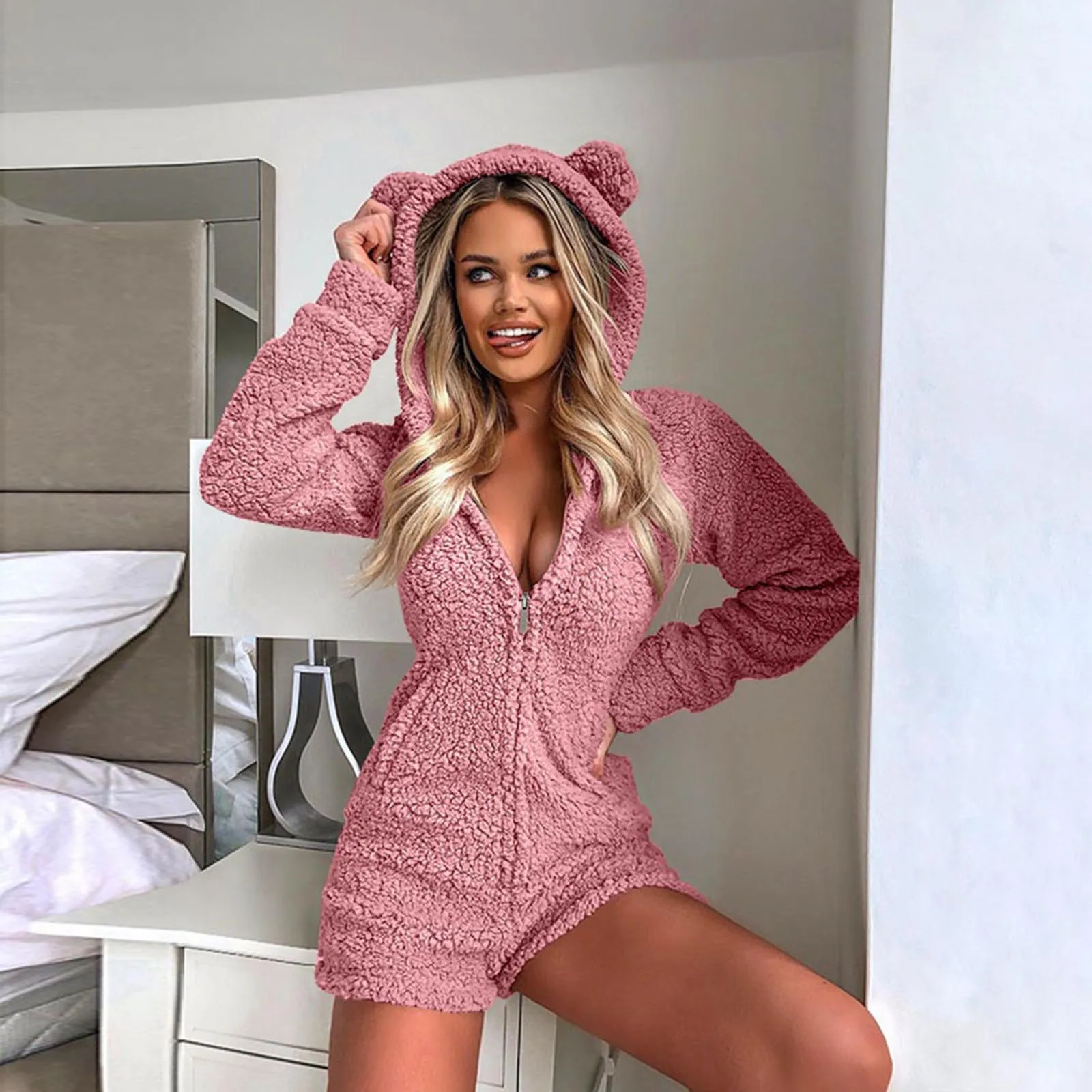 

Fluffy Fleece Hoodies Women Long Sleeve Teddy Bear Hooded Jumpsuit Pajamas Winter Warm Rompe Playsuits Jumpsuit Sleepwear Hoodie