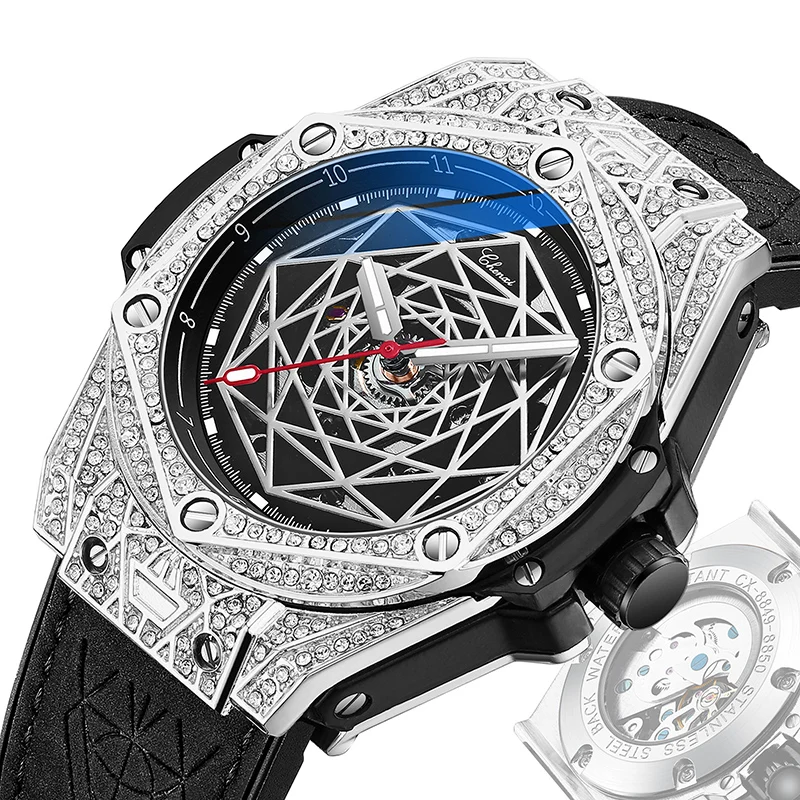 

Relogio CHENXI Mechanical Watches Mens 2021 Big Dial Silver Rhinestone Cool Fashion Watch For Men Automatic Skeleton Watches