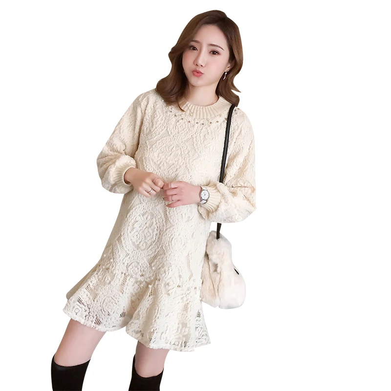 8139# осенне-зимнее плотное кружевное платье для кормящих мам милые рубашки для кормления с бисером одежда для беременных женщин топы для беременных