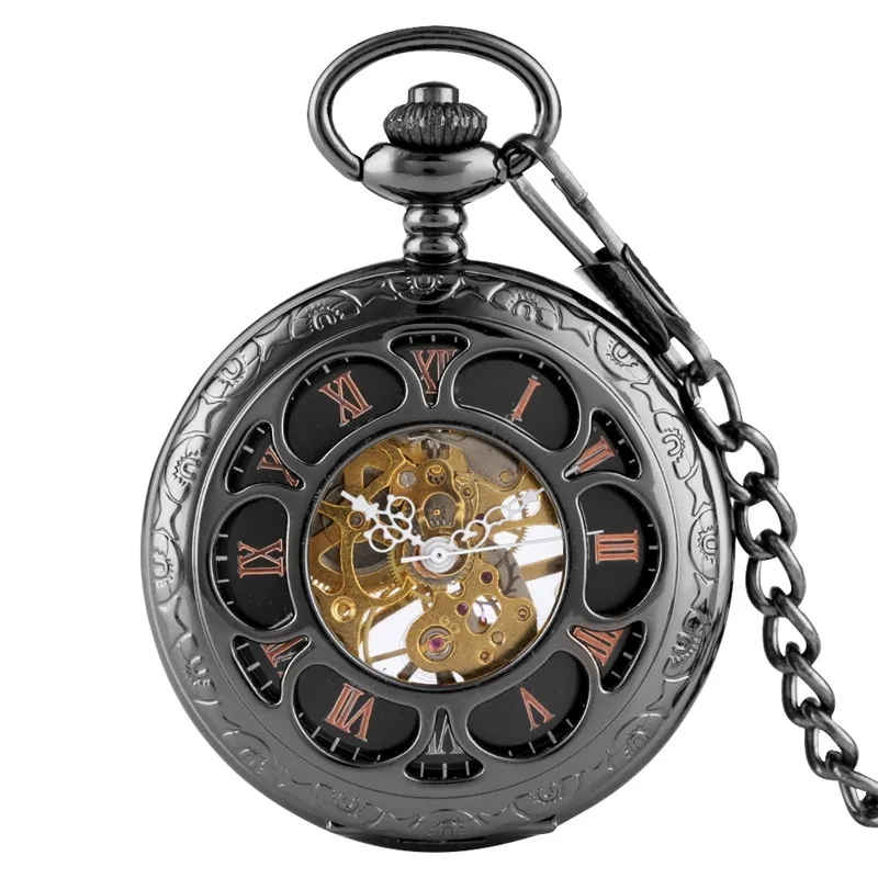

Vintage Black Hollow Flower Design Pocket Watch Retro Men Women Hand Winding Mechanical Pendant Watches FOB Chain Clock Gifts