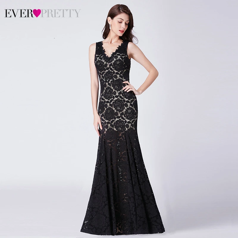 Сексуальные черные кружевные вечерние платья Ever Pretty EP07389BK Ruched с двойным v-образным вырезом без рукавов прозрачные вечерние платья русалки