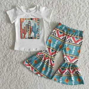 Summer Autumn Cactus Print White Short-sleeved T-shirt And Bohemian Flared Trousers Kids Clothing