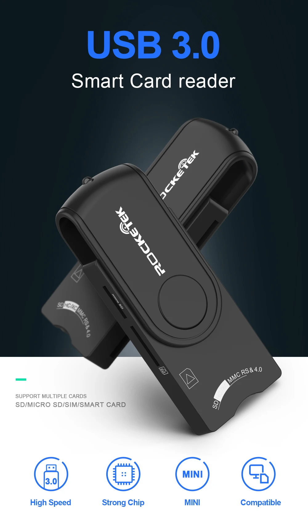 Rocketek USB 3,0 2,0 мульти смарт-кард-ридер SD/TF micro SD память, ID, банковские карты, sim cloner разъем адаптера компьютера ПК