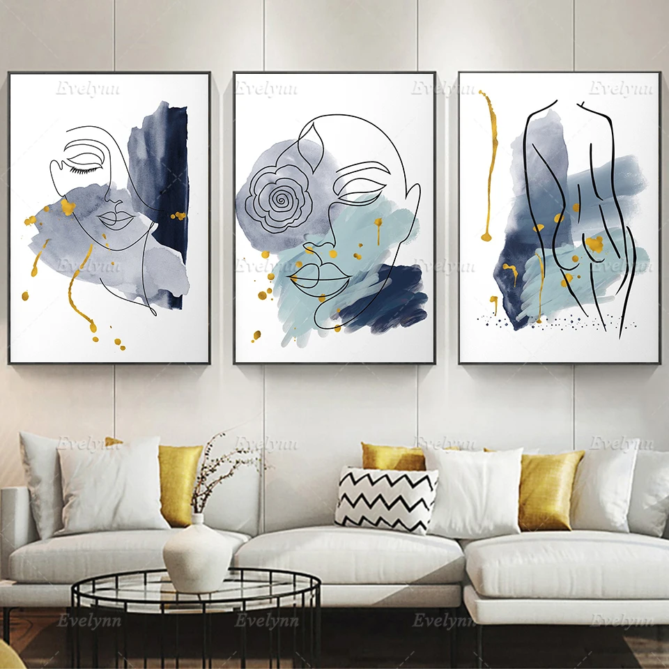 

Nordic Female Abstract Navy and Gold Wall Art Canvas Painting Woman Hd Art Poster Print Wall Pictures for Living Room Home Decor