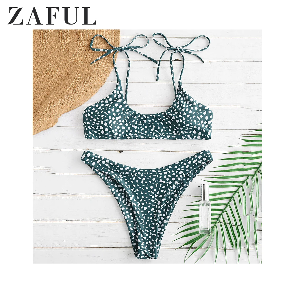 ZAFUL с леопардовым принтом и завязками на плечах бикини набор Для женщин тонких