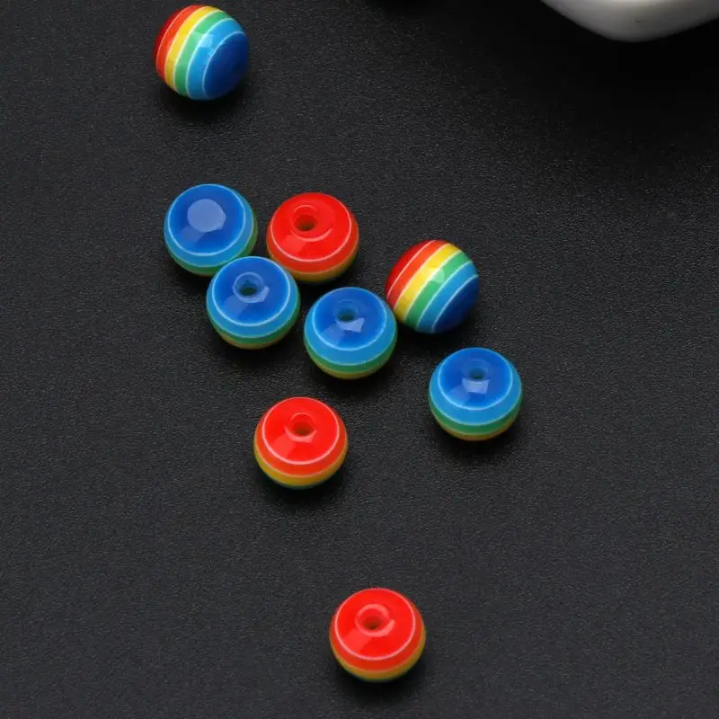 

100Pcs Rainbow Striped Line 8mm Round Plastic Acrylic Resin Beads Jewelry Making