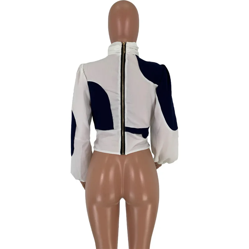 

Women Color Block Sexy Chiffon T Shirt Lantern Sleeve Slim Cropped Shirts 2021 Autumn Winter Causal Zipper Back Plus Size Tees