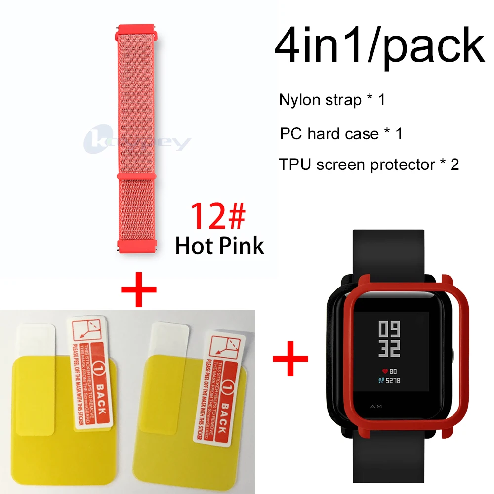 12-Red case 4в1 для Xiaomi Huami Amazfit ремешок bip браслет нейлоновая петля Smartwatch Браслет amazfit bip чехол с защитой экрана - Цвет: 12-Red case