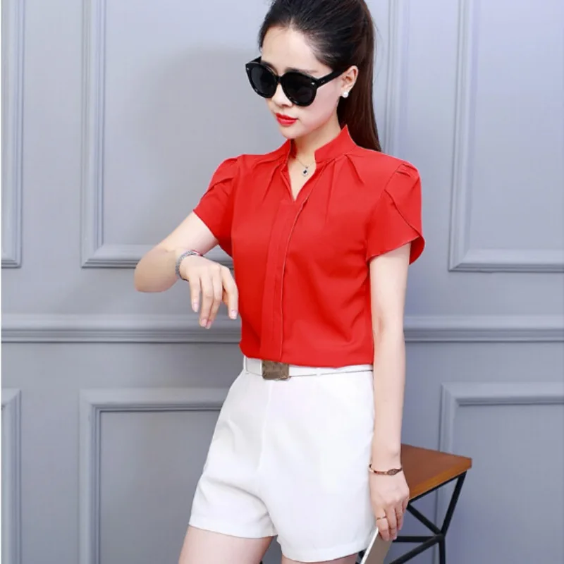 

New Plus Size Blouse Women Tops Solid Shirts Short Sleeves Chiffon Female Fashion Tops Clothes