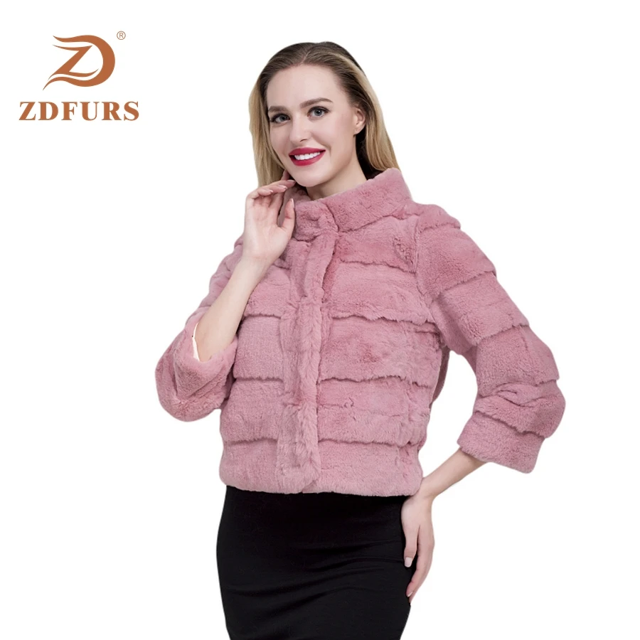 ZDFURS* 2019 New Mandarin Collar Short Jacket 100% Full Pelt Genuine Real Rex Rabbit Fur Coat Stripe Line Natural  waistcoat