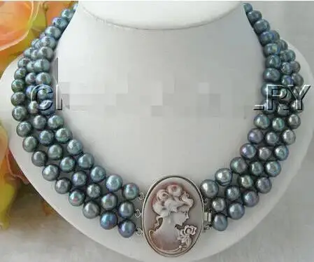 

Beautiful 17-19" 3row 7-8mm black round freshwater pearl necklace-cameo clasp