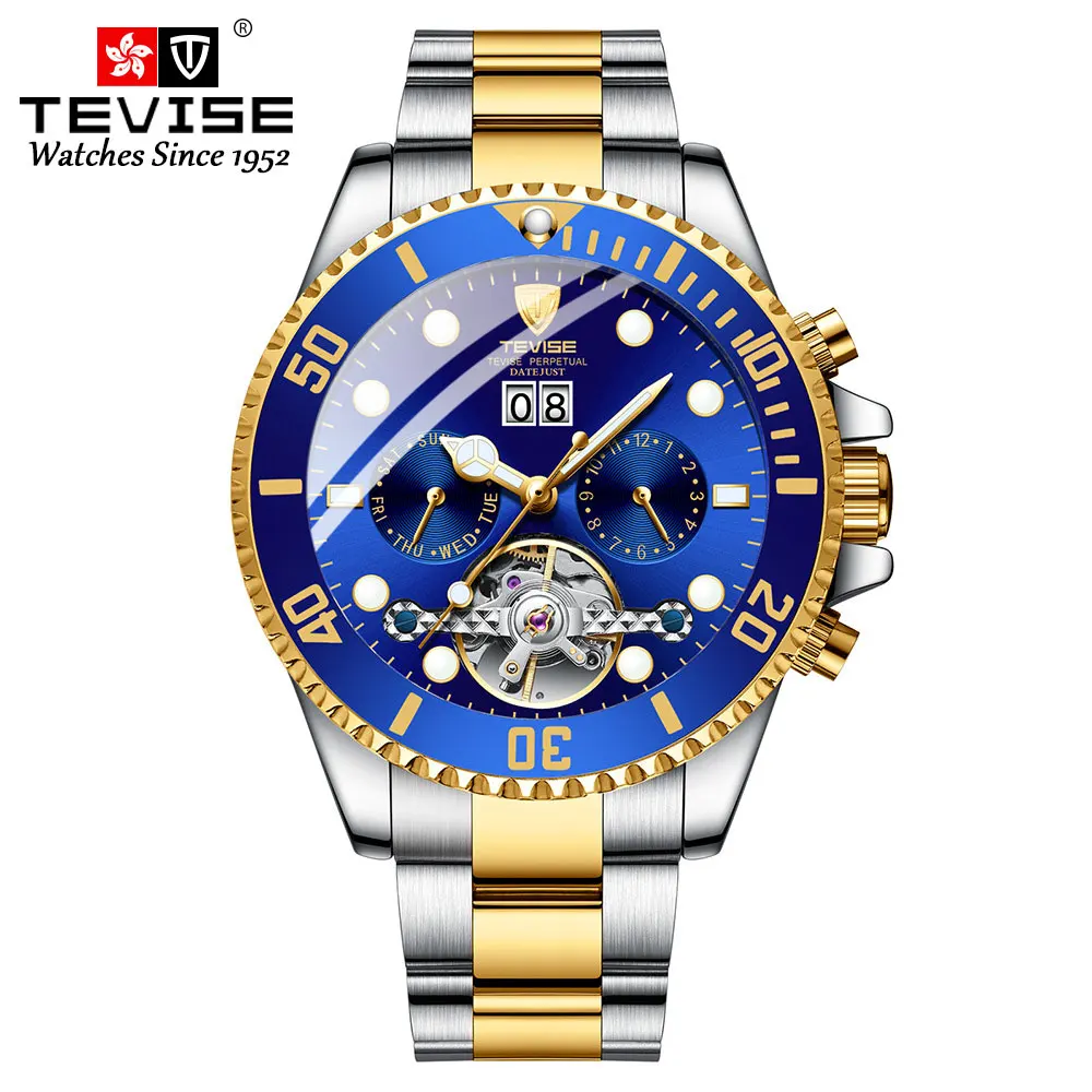 gold blue TEVISE Топ люксовый бренд для мужчин нержавеющая сталь Скелет часы для мужчин водонепроницаемый автоматические механические наручные часы Relogio Masculino - Цвет: gold blue
