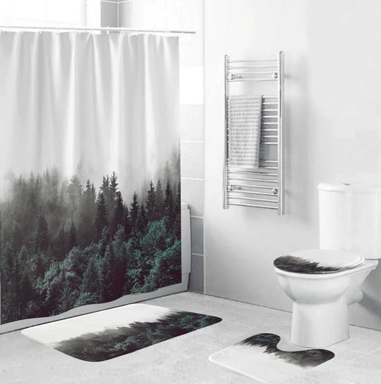 

3D Mist Forest Trees Printed Bath Curtains Waterproof Polyester Fabric Shower Curtain Non-Slip Rugs Toilet Lid Cover Mat Carpet