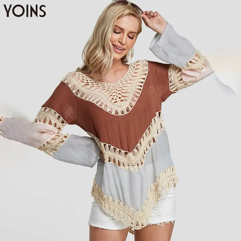 YOINS Цвет Бохо блок полые v-образным вырезом крючком Кружева Украшенные с длинным