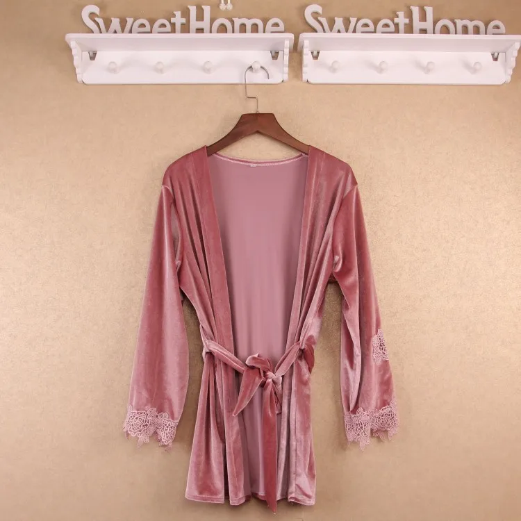 Розовая ночная рубашка комплект кимоно халат женская сексуальная банная зимний