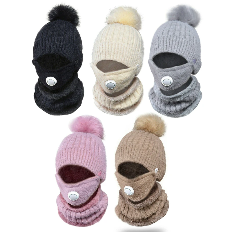 

High Quality 3 in 1 Adult Knitted Scarf Hat Face Mask Set with Breathing Valve Winter Warm Soft for Women Outdoor N66