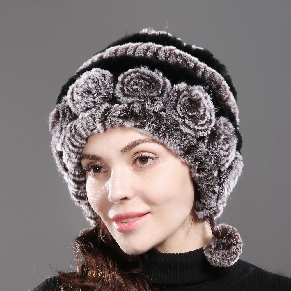 2020 Новый стиль Настоящий мех кролика вязаная шапка в полоску с цветочным принтом