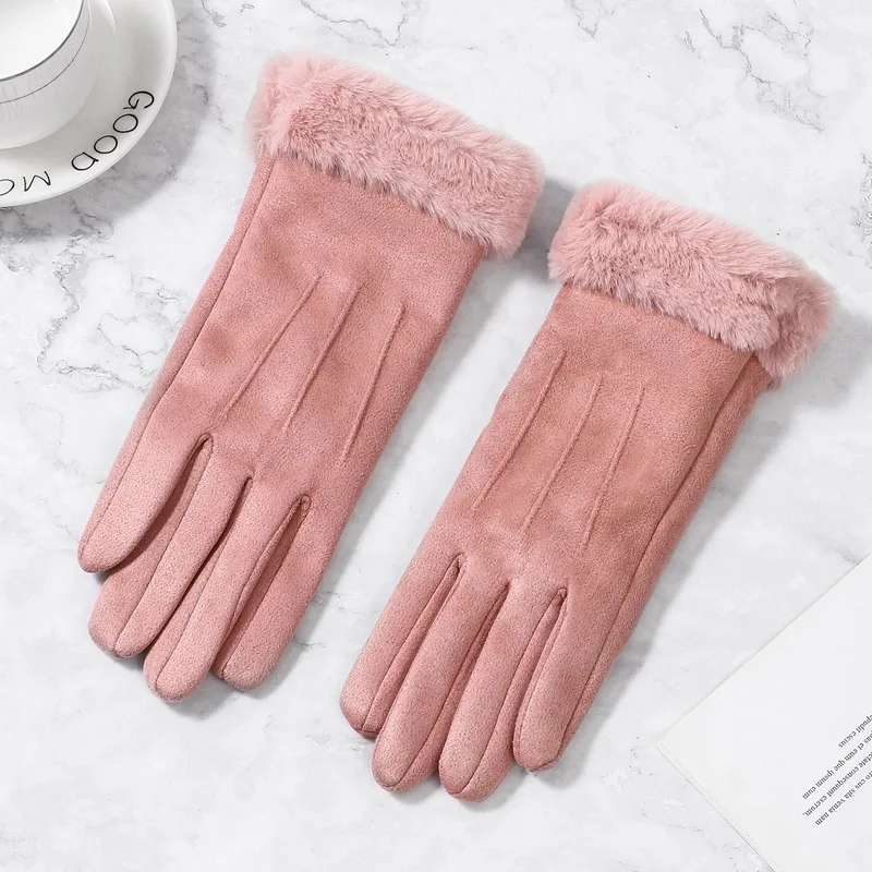 Pink Женские зимние перчатки с сенсорным экраном, женские замшевые меховые теплые перчатки с полным пальцем, женские зимние перчатки для спорта на открытом воздухе, женские перчатки для вождения - Цвет: Pink