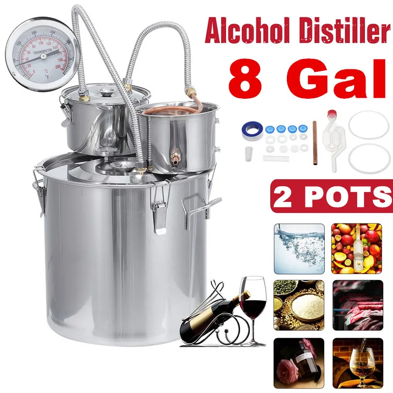 8 Gallon 30L Distiller Alambic Moonshine Alcohol Still Stainless Steel DIY Home Brew Water Wine Essential Oil Brewing Kit