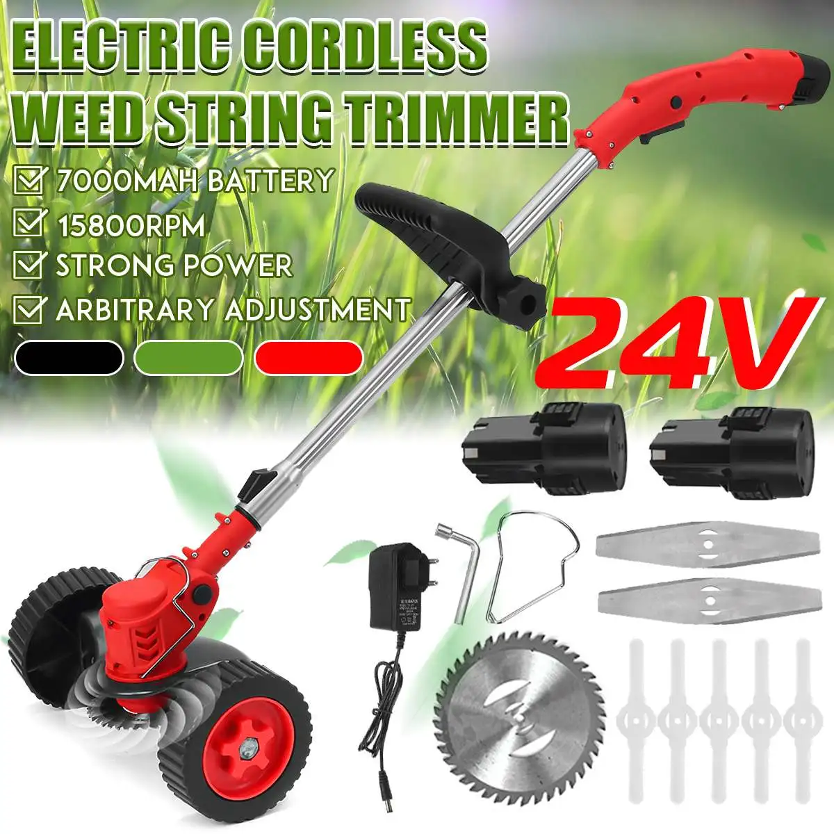 

1300W 24V Cordless Electric Grass Trimmer Lawn Mower Weeds Brush Length Adjustable Cutter Garden Tools With 1/2 7000mAh Battery