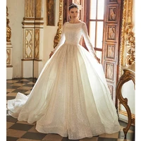 luxury shiny lace a line wedding dress 2021 long sleeve appliques scoop bridal mariage white bride gowns vestido de noiva