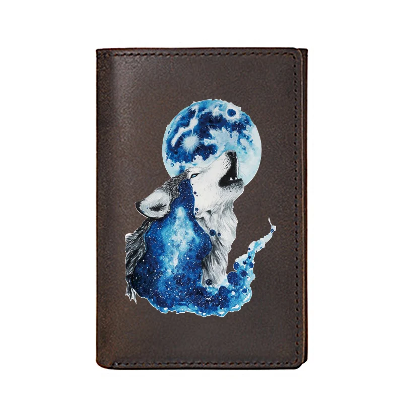 

Кошелек мужской/женский из натуральной кожи, тонкий короткий бумажник с принтом Луны и волка, держатель для карт