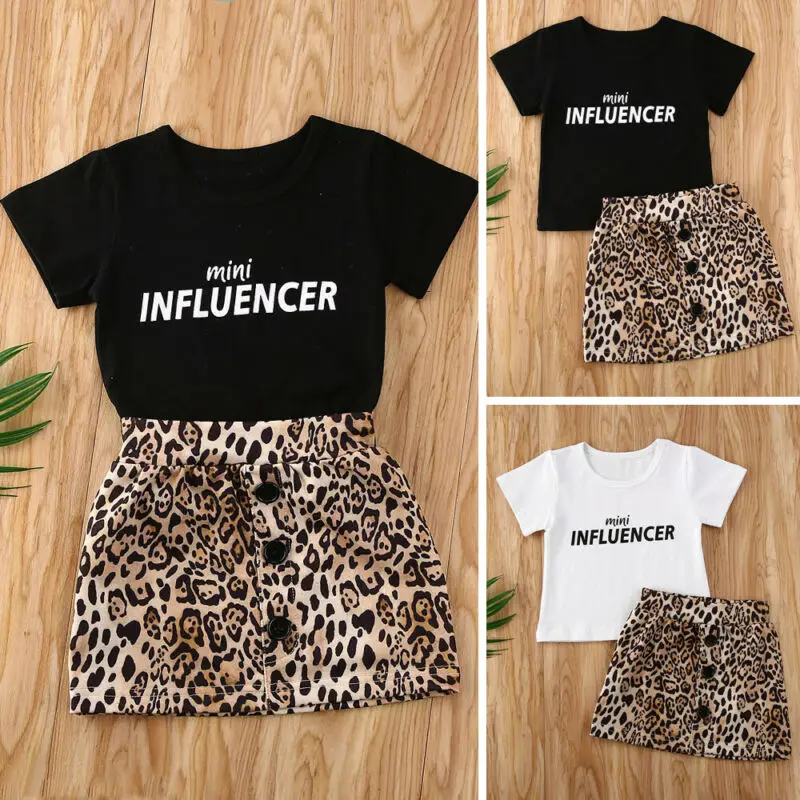 Toddler Kids Baby Girl Leopard Print Clothes Tops Letter T-Shirt+Button Short Skirt 2PCS Outfits Set | Детская одежда и обувь