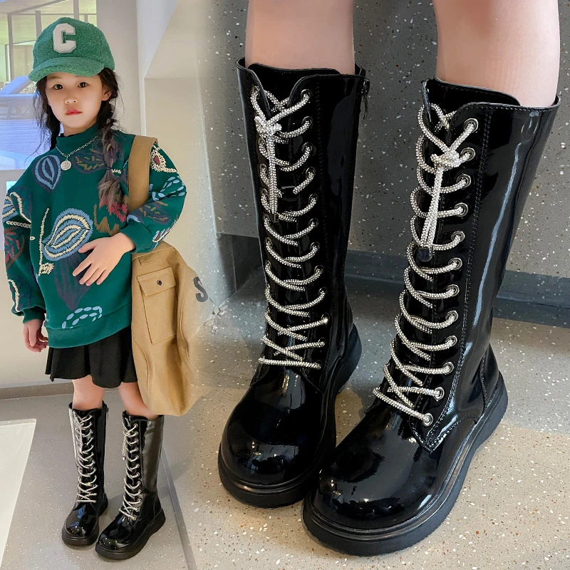 

Детские ботинки до середины икры, черные удобные ботинки на молнии, со шнуровкой и защитой от столкновений, обувь из искусственной кожи для ...